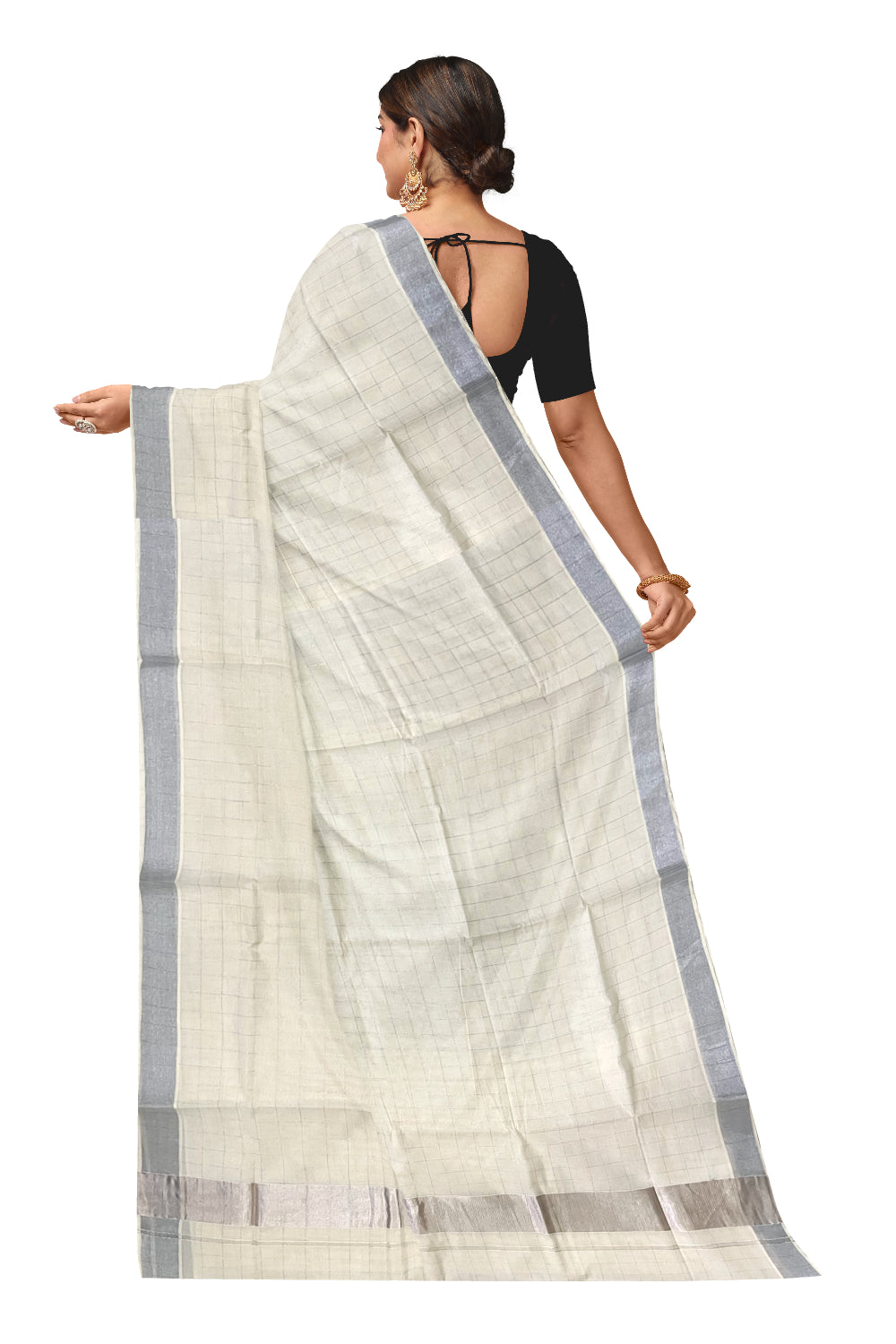 Pure Cotton Off White Kerala SIlver Kasavu Woven Check Saree with 3 x 2 Border