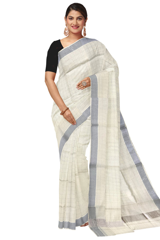 Pure Cotton Off White Kerala SIlver Kasavu Woven Check Saree with 3 x 2 Border