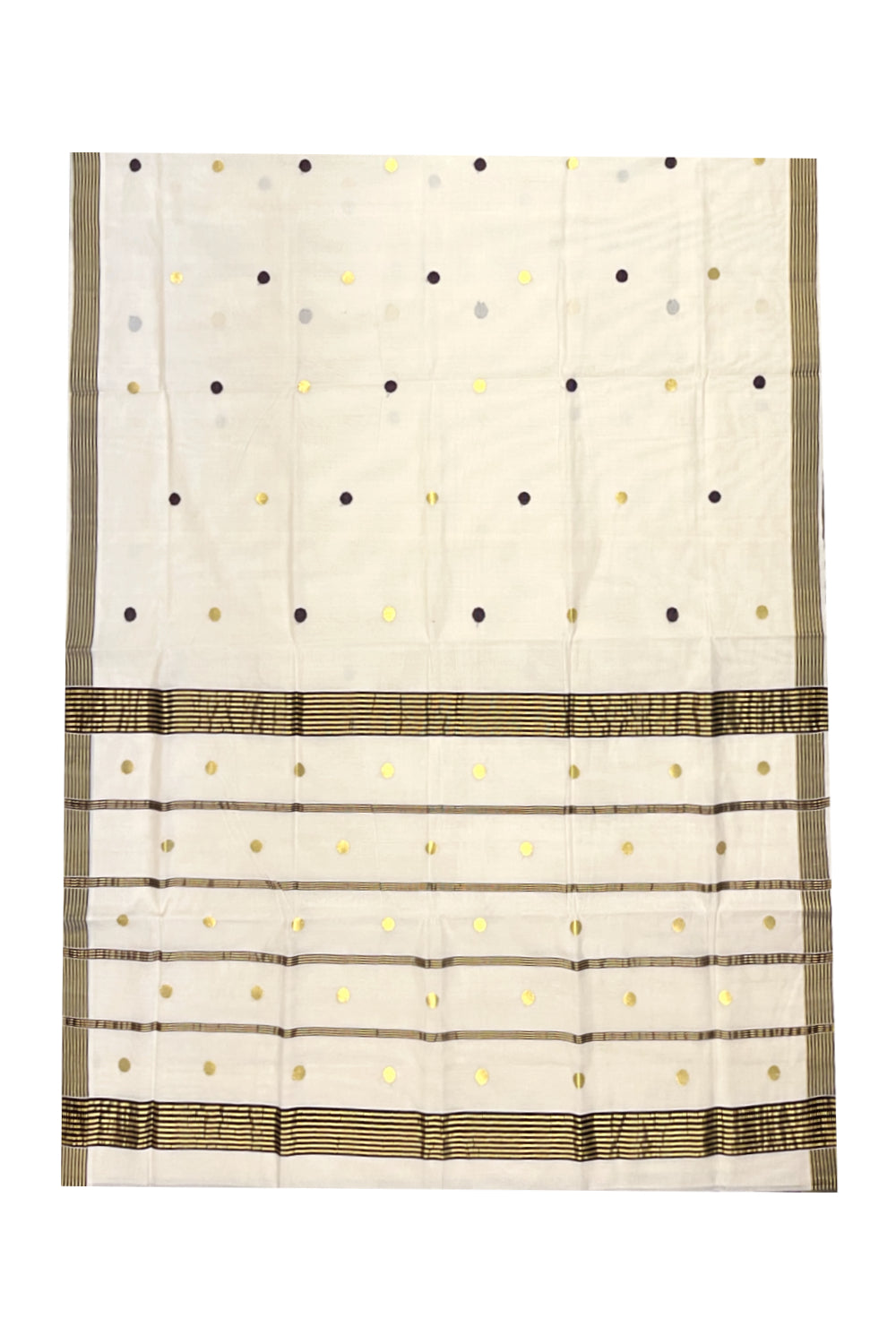 Southloom Premium Handloom Kerala Saree Blue and Kasavu Lines with Golden Small Polka Works on Body