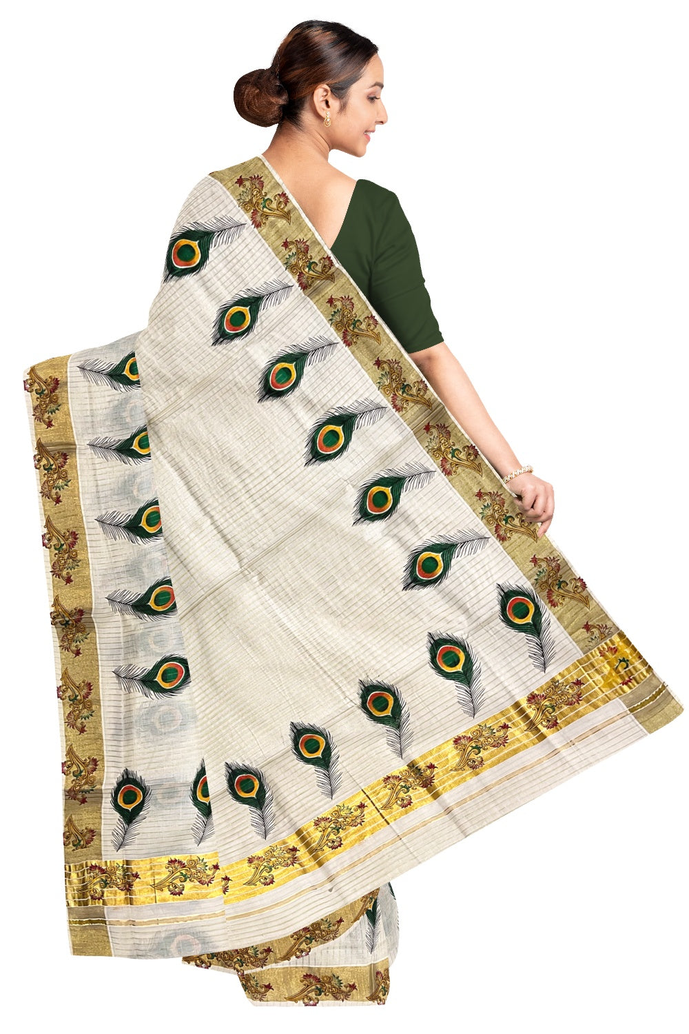 Pure Cotton Kerala Kasavu Lines Design and Feather Mural Work Saree and Printed Border (Onam Saree 2023)