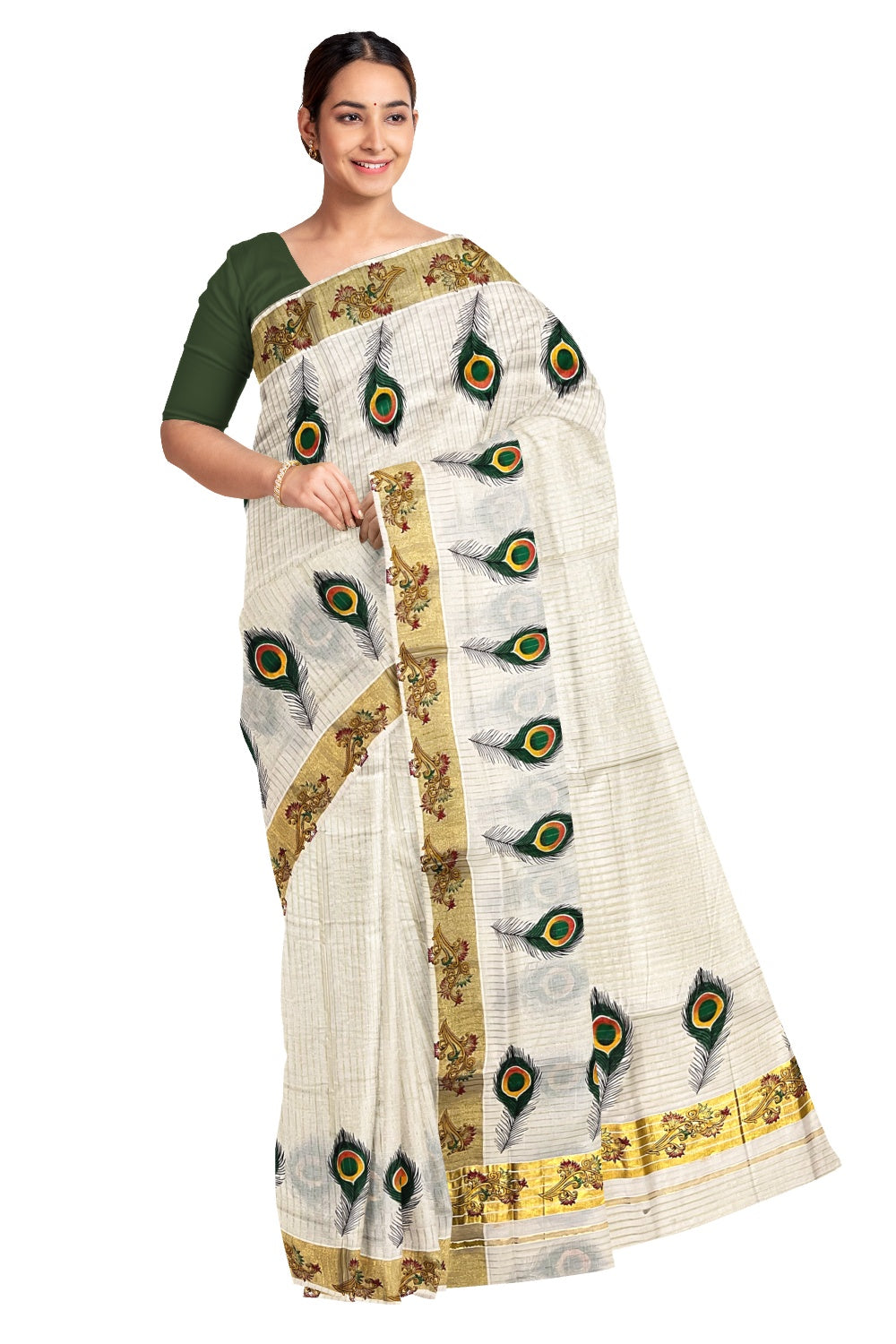 Pure Cotton Kerala Kasavu Lines Design and Feather Mural Work Saree and Printed Border (Onam Saree 2023)