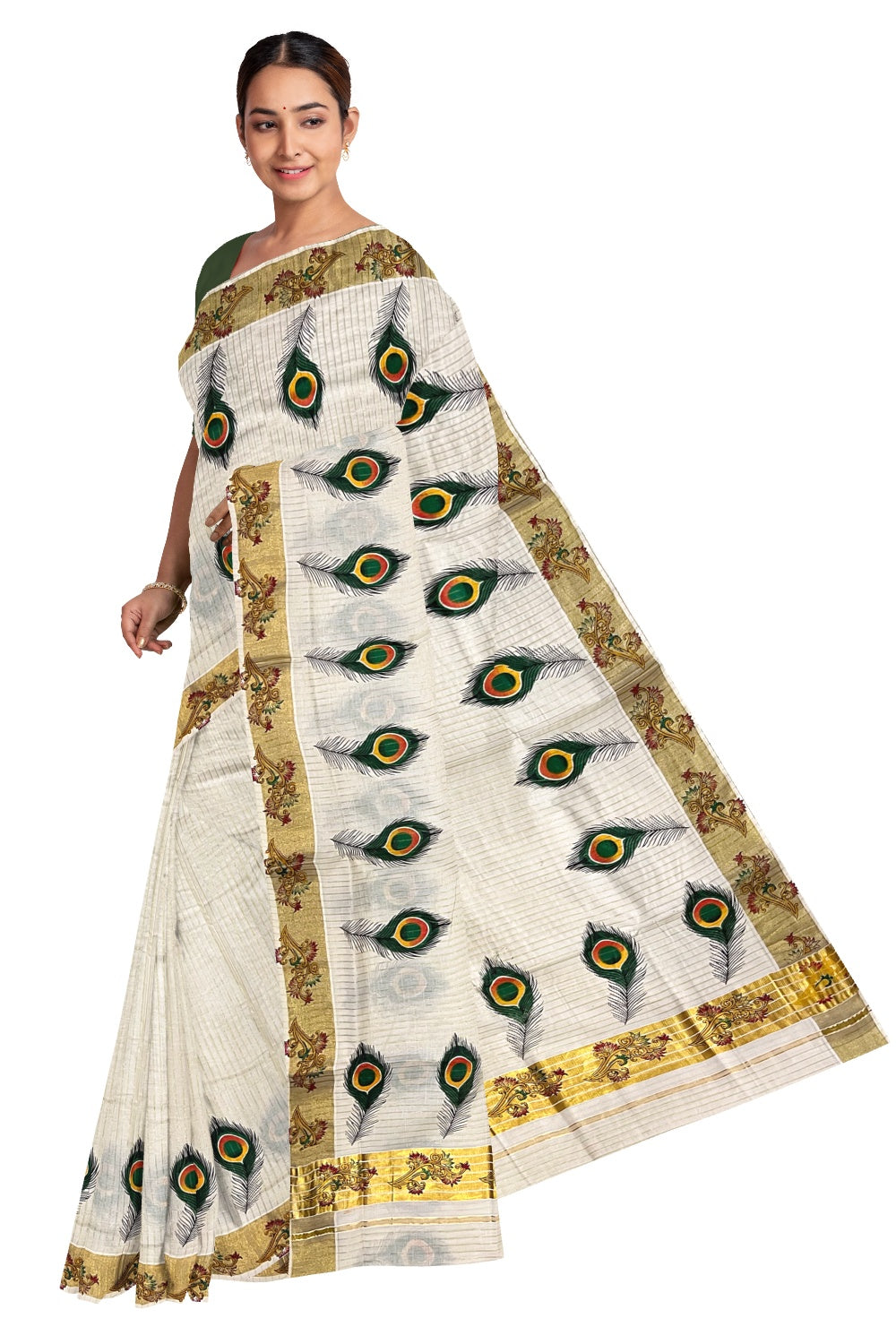 Pure Cotton Kerala Kasavu Lines Design and Feather Mural Work Saree and Printed Border (Onam Saree 2023)