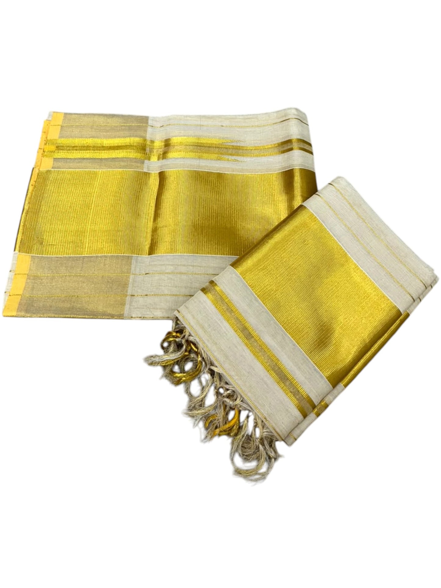 Southloom Premium Tissue Strips Handloom Set Mundu with Chuttikara Kasavu And 4 Inch Golden Border (2.80 Mtr)