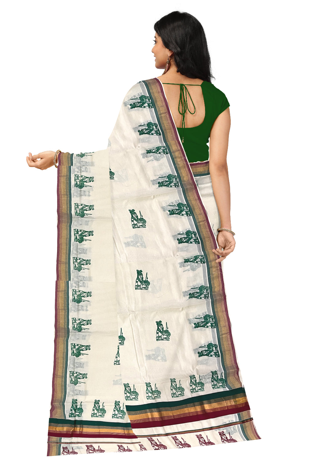 Pure Cotton Kerala Kasavu Saree with Krishna Block Printed Maroon Green Border