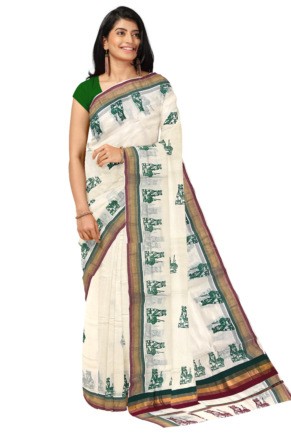 Pure Cotton Kerala Kasavu Saree with Krishna Block Printed Maroon Green Border