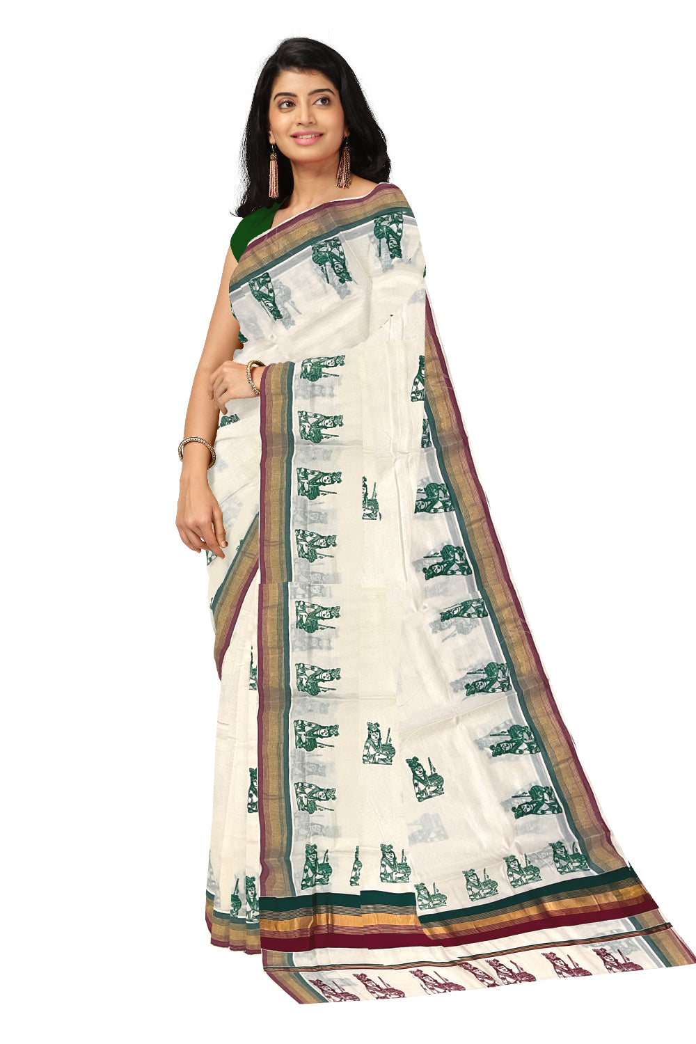 Pure Cotton Kerala Kasavu Saree with Krishna Block Printed Maroon Green Border