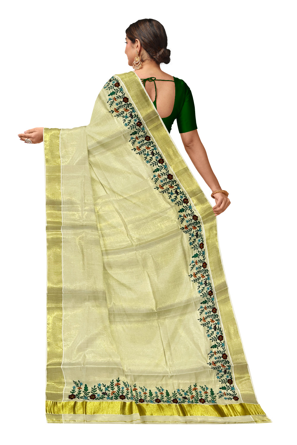 Kerala Tissue Kasavu Saree with Floral Embroidery Works on Border