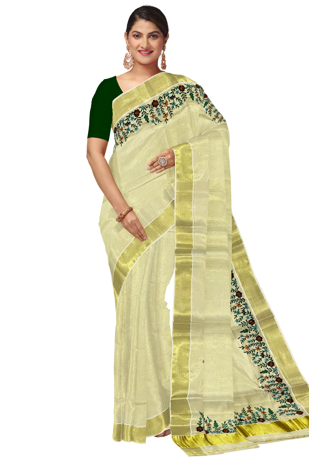 Kerala Tissue Kasavu Saree with Floral Embroidery Works on Border