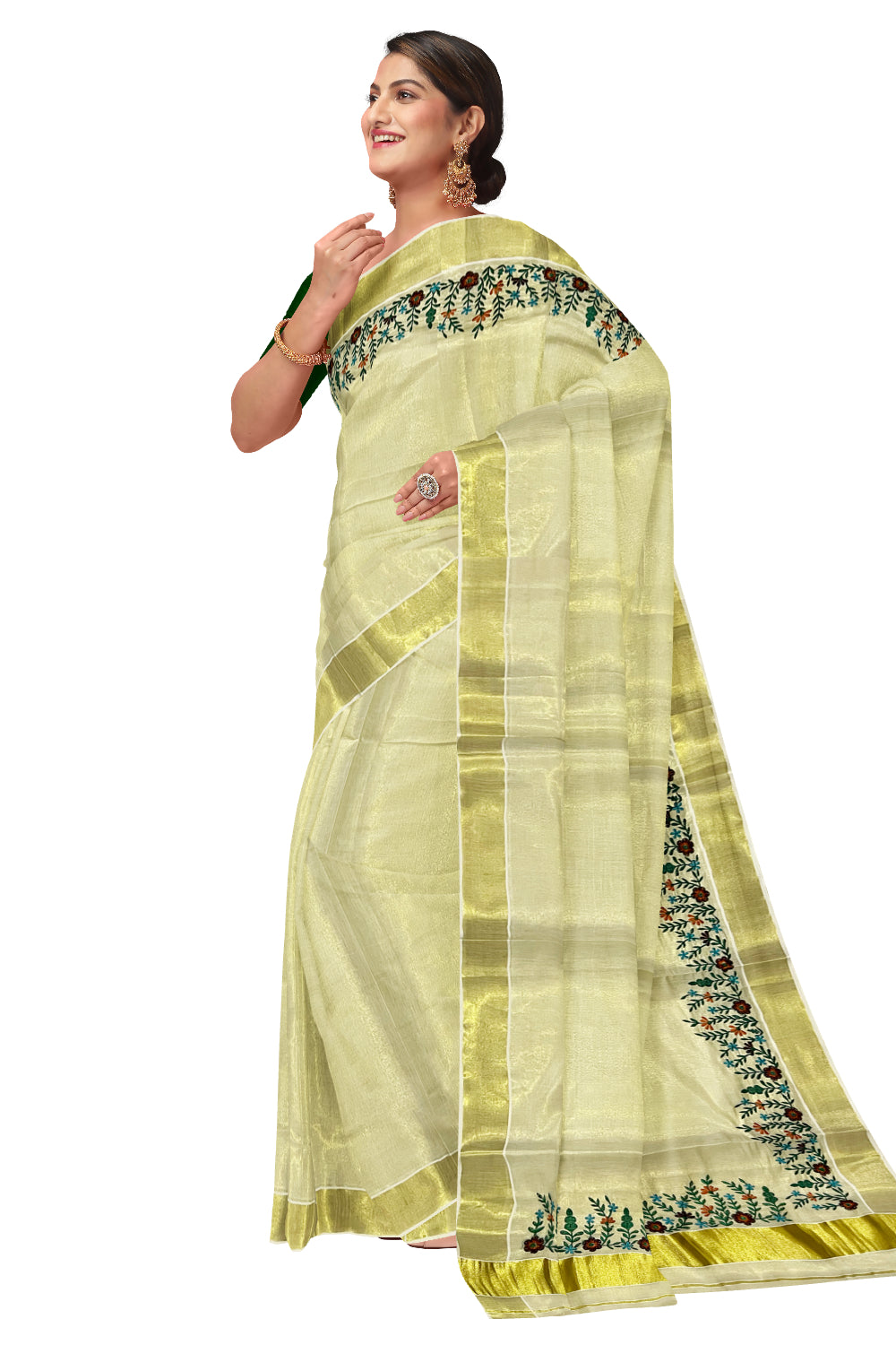 Kerala Tissue Kasavu Saree with Floral Embroidery Works on Border