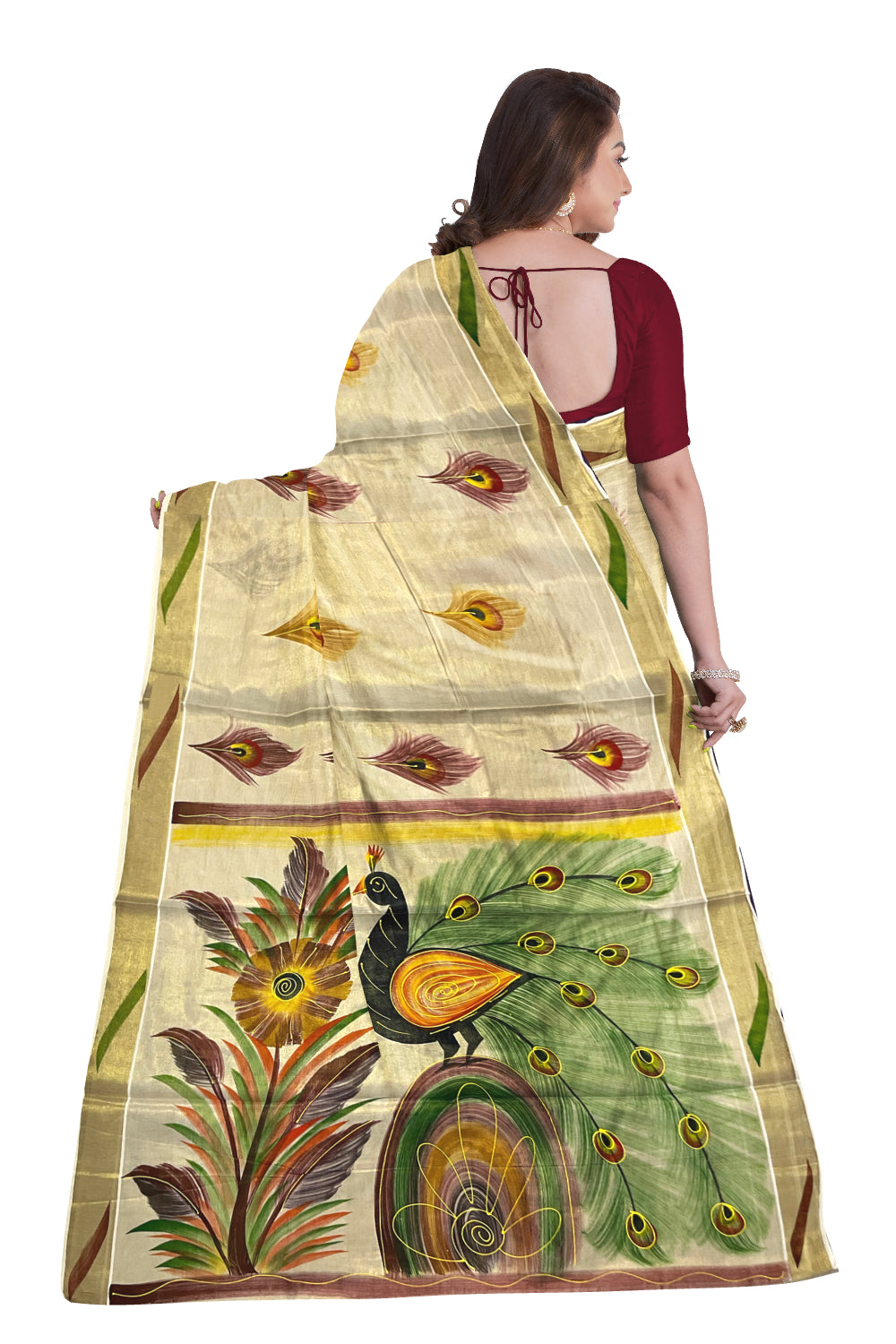 Kerala Tissue Kasavu Saree with Hand Painted Peacock Design