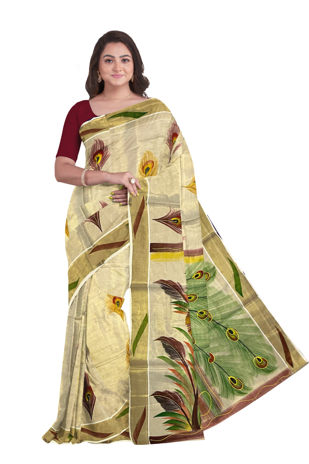 Kerala Tissue Kasavu Saree with Hand Painted Peacock Design