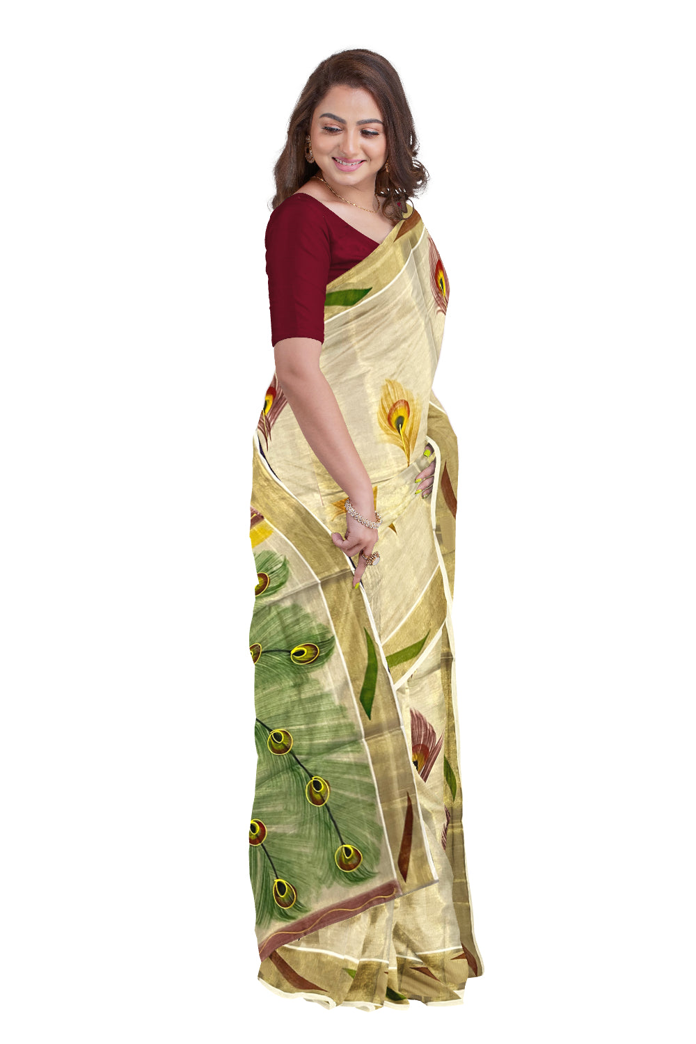 Kerala Tissue Kasavu Saree with Hand Painted Peacock Design