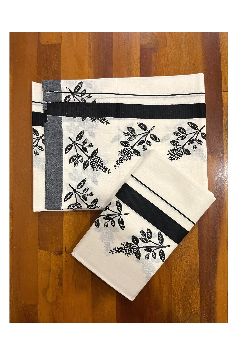 Kerala Cotton Set Mundu (Mundum Neriyathum) with Black Thulasi Kathir Block Prints 2.80 Mtrs