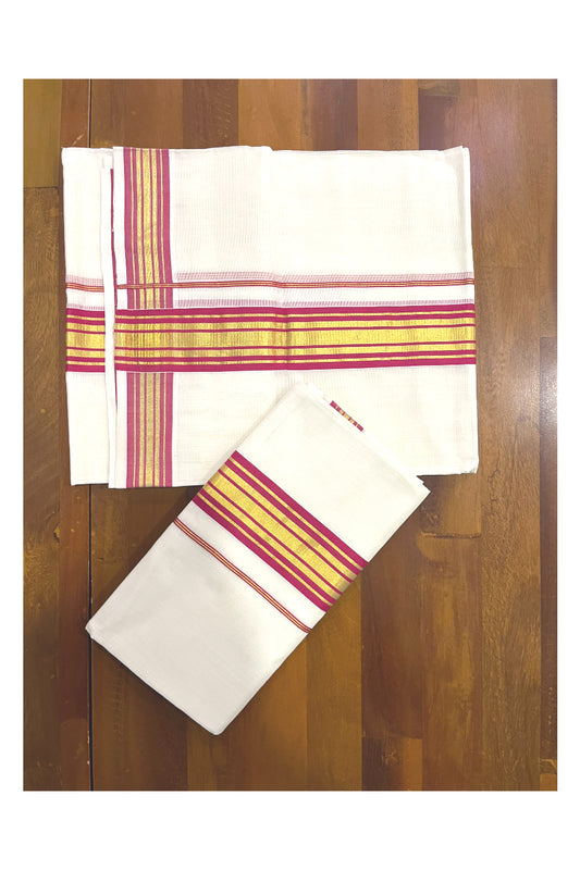 Pure Cotton Handloom Premium Kasavu Set Mundu (Mundum Neriyathum) with Pink and Kasavu Border