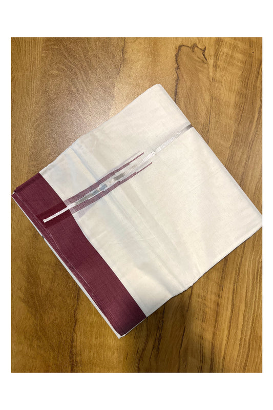 Pure Cotton Off White Double Mundu with Silver Kasavu and Maroon Chutti Border (South Indian Kerala Dhoti)