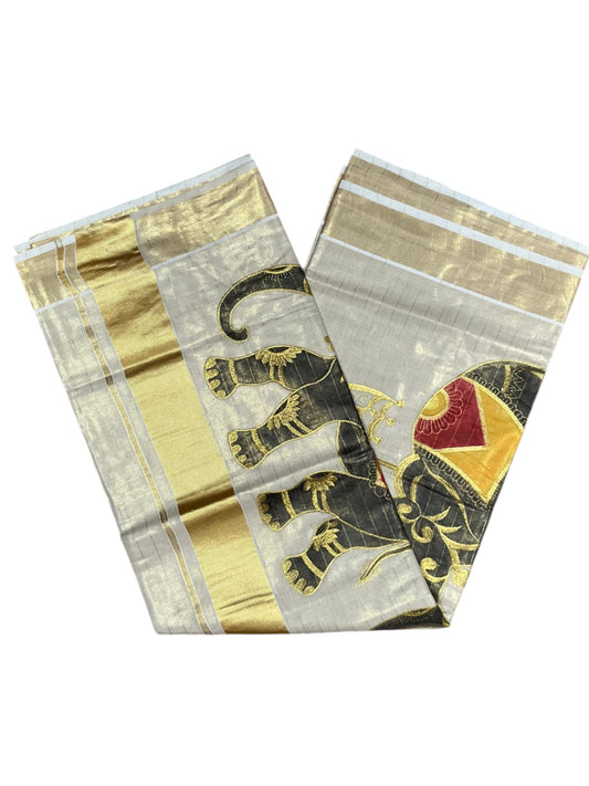 Southloom Kerala Tissue Kasavu Lines Saree with Elephant Handpainted and Embroidery Work