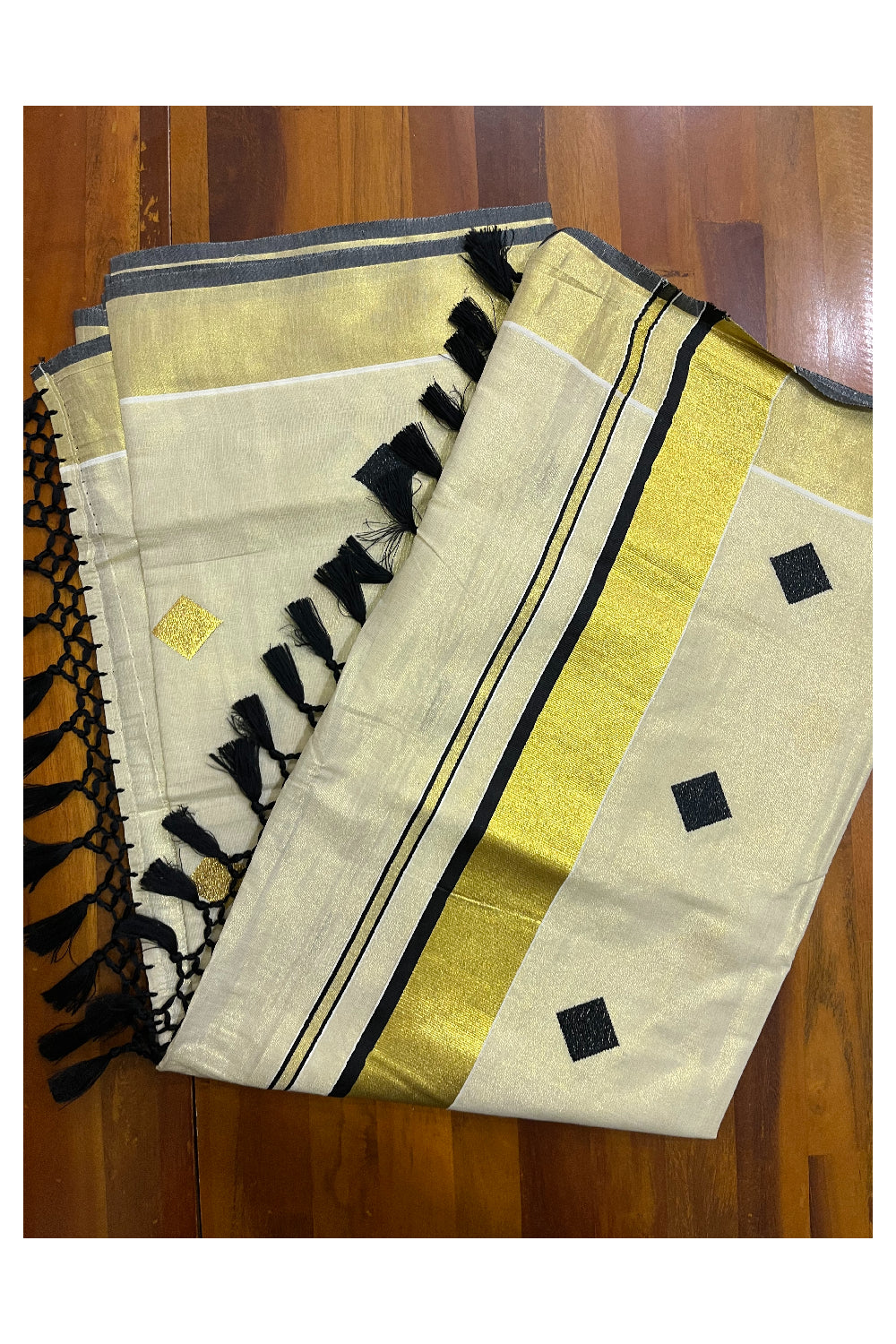 Kerala Tissue Kasavu Saree with Black Gold Woven Butta Designs and Tassels Works (Vishu 2024 Collection)
