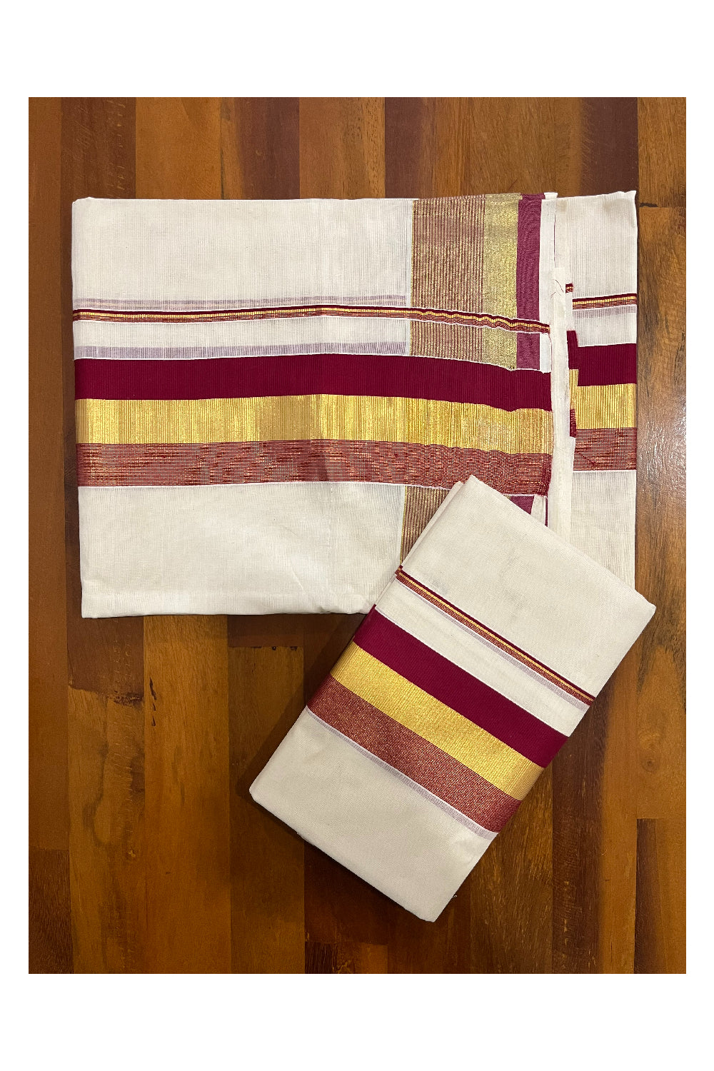 Pure Cotton Kerala Onam 2023 Set Mundu (Mundum Neriyathum) Single with Maroon and Kasavu Border 2.80 Mtrs