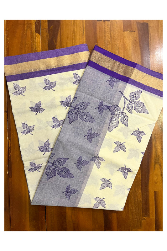 Pure Cotton Kerala Saree with Viole Block Print Leaf Designs and Kasavu Border (Vishu 2024 Collection)