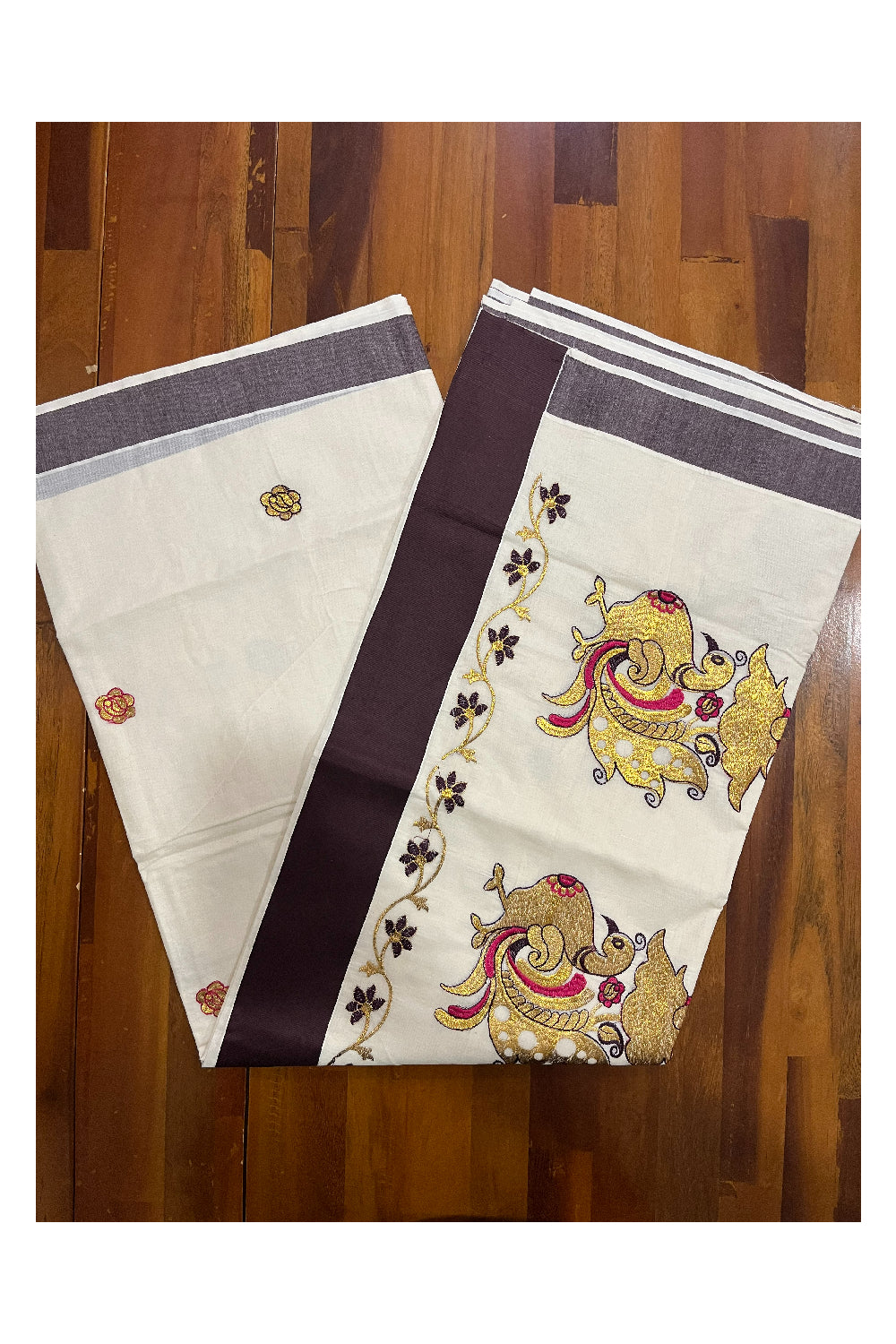 Pure Cotton Kerala Saree with Peacock Embroidery Work and Brown Border (Onam Saree 2023)