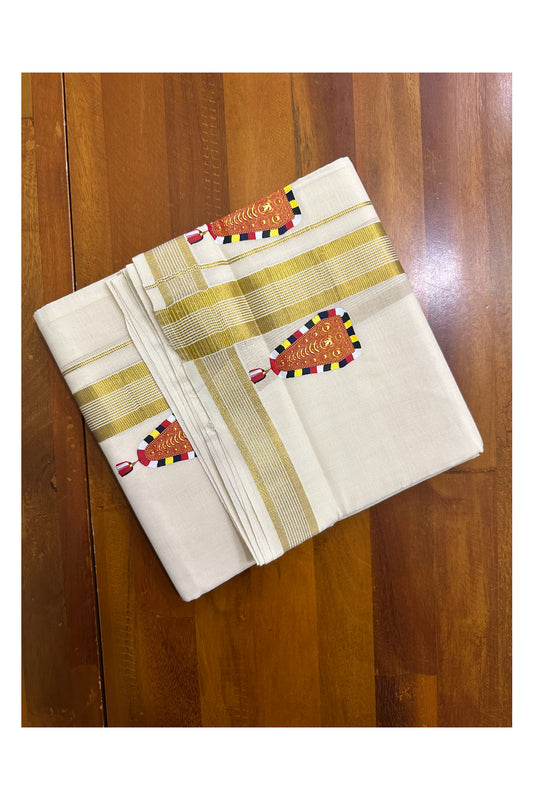 Southloom Lines Kasavu Double Mundu with Mural Print Along Kara