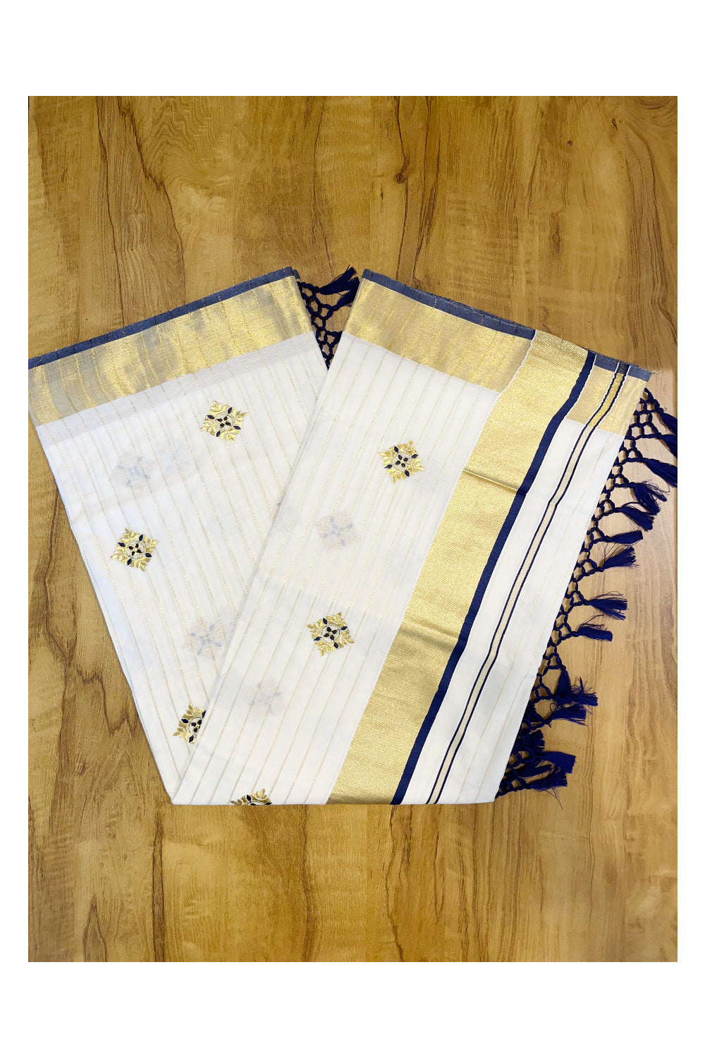 Kerala Cotton Kasavu Lines Saree with Blue and Golden Floral Embroidery Work