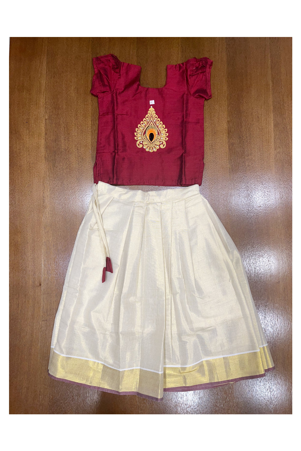 Southloom Kerala Pavada Blouse with Maroon Bead Work Design (Age - 5 Year)