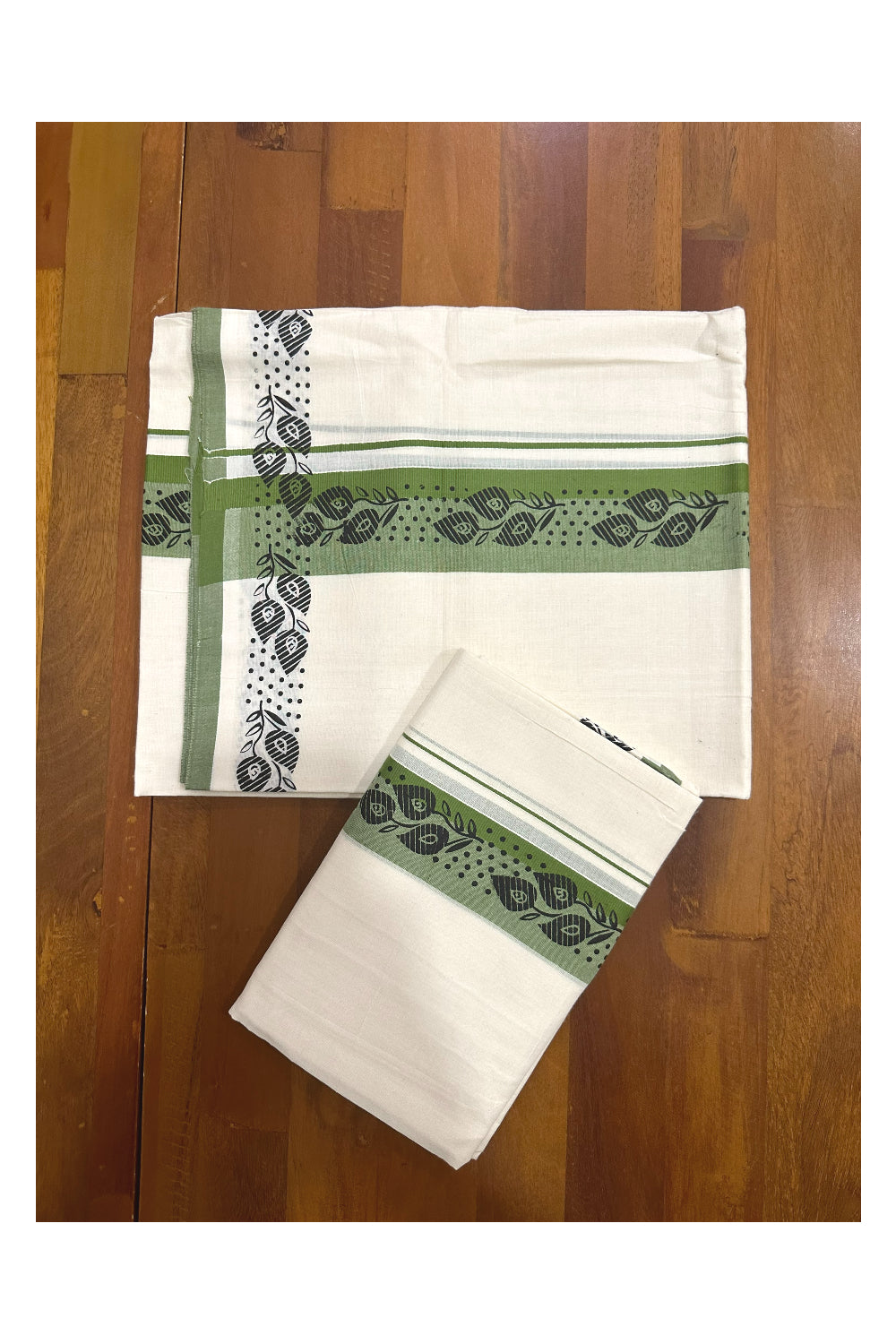 Kerala Cotton Set Mundu (Mundum Neriyathum) with Block Prints on Green Border (Onam Set Mundu 2023)