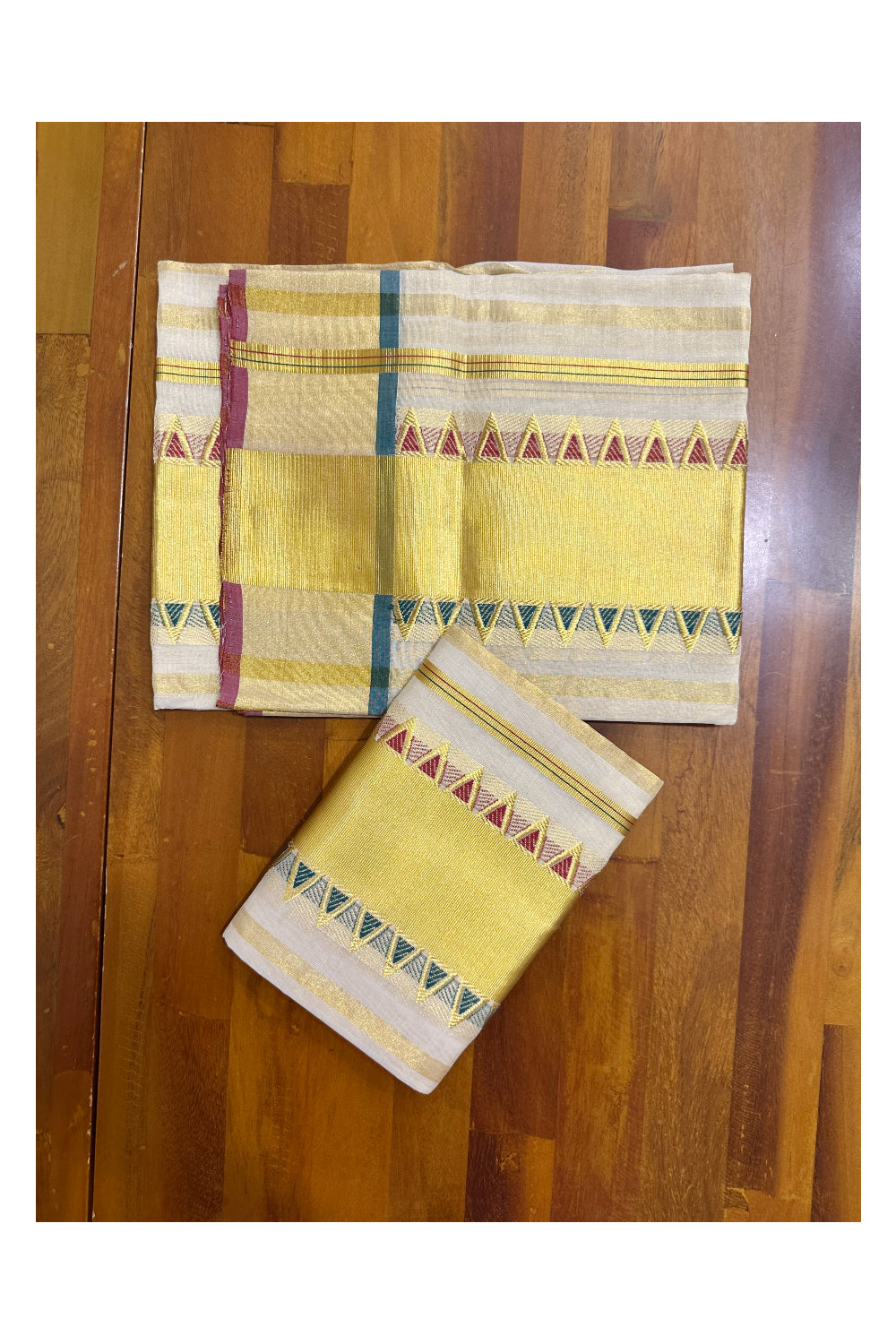 Southloom Handloom Premium Tissue Kasavu Set Mundu Green And Maroon Temple Woven Patterns With Kasavu Lines Across Body (Mundum Neriyathum) 2.70 Mtrs