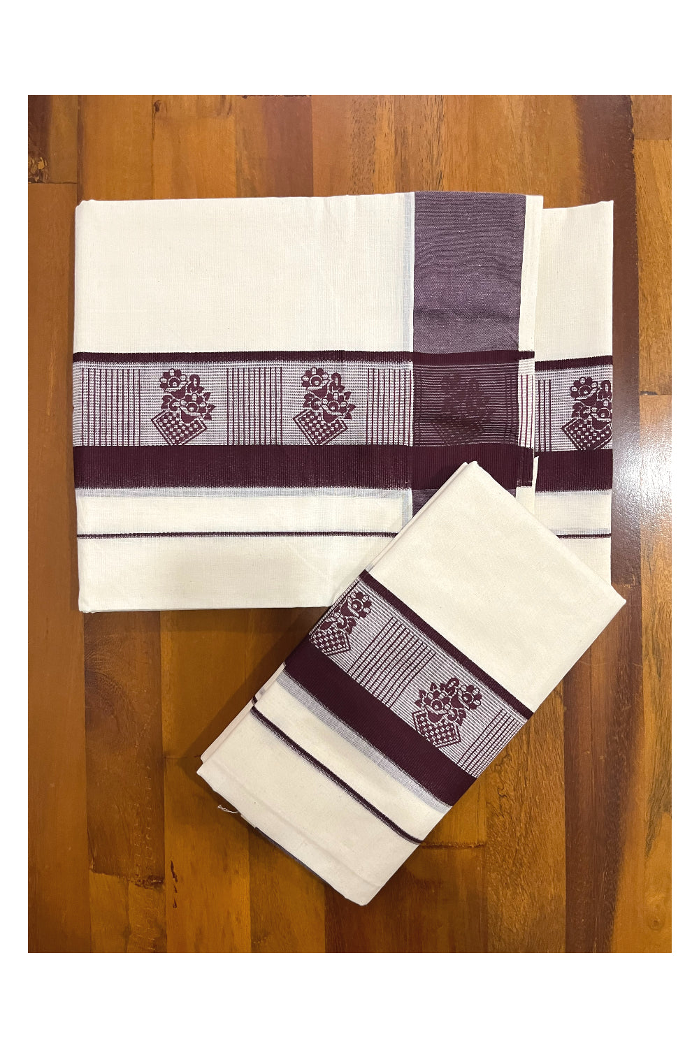 Southloom Pure Cotton Kerala Single Set Mundu with Purple Block Prints on Border (Onam Set Mundu 2023)