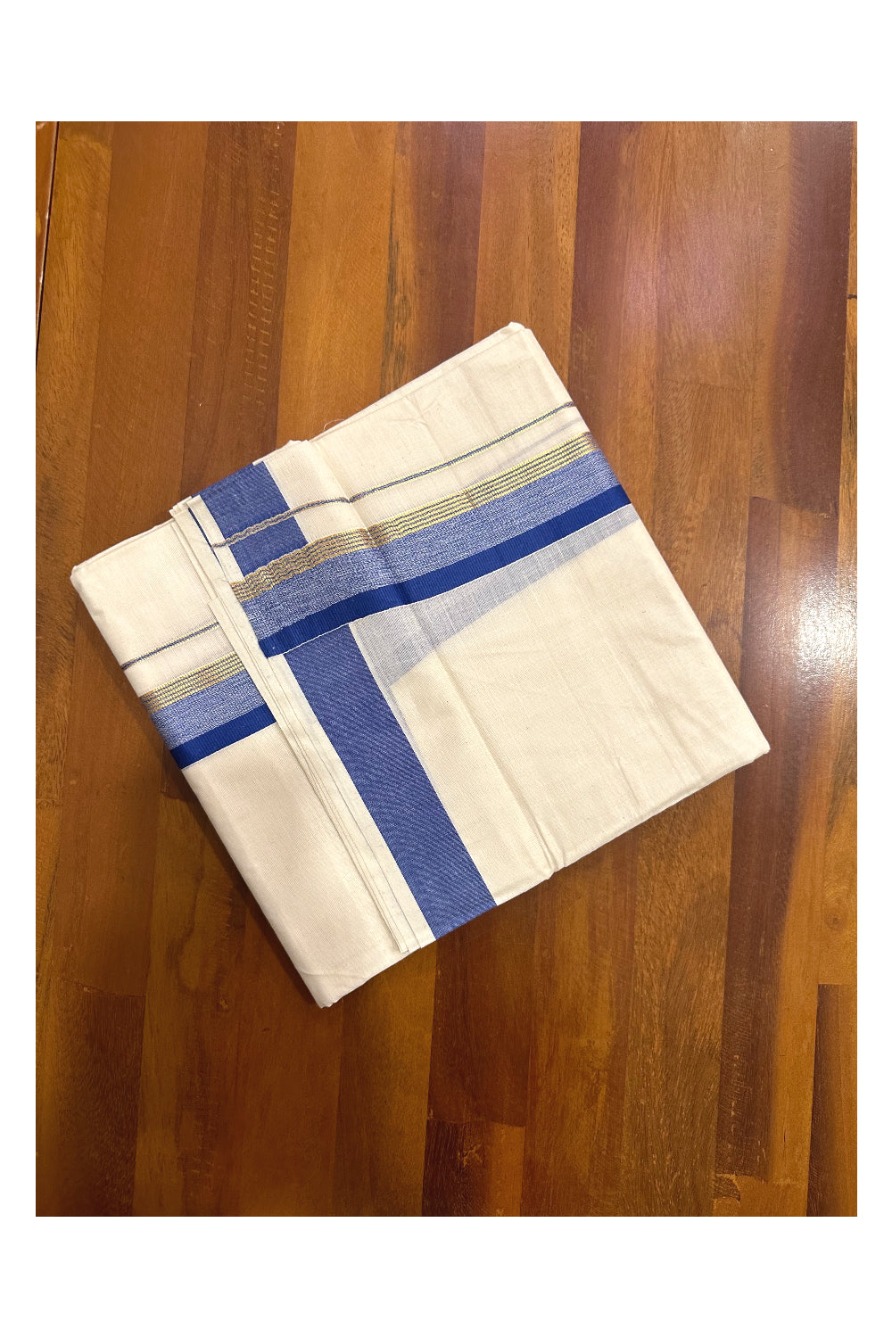 Kerala Cotton Double Mundu with Blue and Kasavu Border (Onam Mundu 2023)