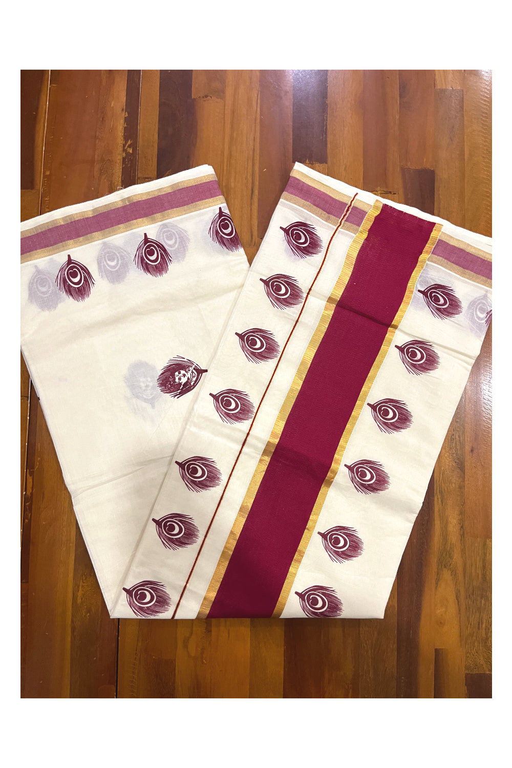 Pure Cotton Kerala Kasavu Saree with Krishna Block Printed Maroon Border