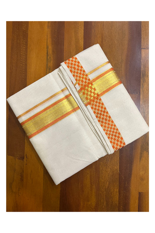 Premium Balaramapuram Handloom Unakkupaavu Cotton Double Mundu with Kasavu and Orange Paa Neythu Border (Onam 2024 Collection)