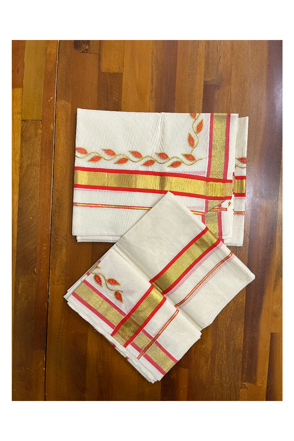 Kerala Cotton Mundum Neriyathum Single (Set Mundu) with Orange Golden Floral Embroidery Designs in Orange and Kasavu Border