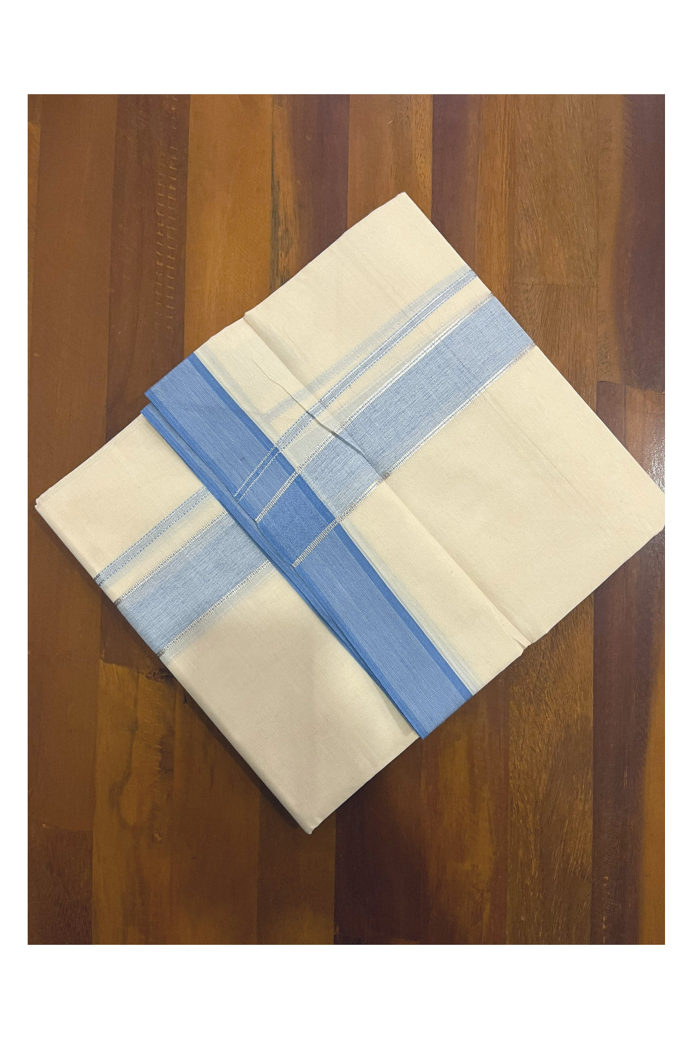 Pure Cotton 100x100 Double Mundu with Silver Kasavu and Blue Kara (Onam Mundu 2023)