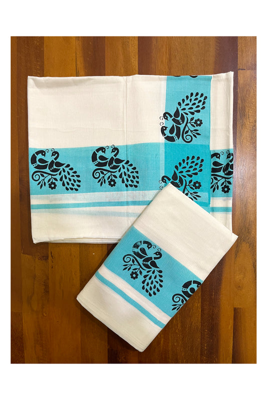 Kerala Pure Cotton Set Mundu (Mundum Neriyathum) with Block Printed Blue Border 2.80 Mtrs