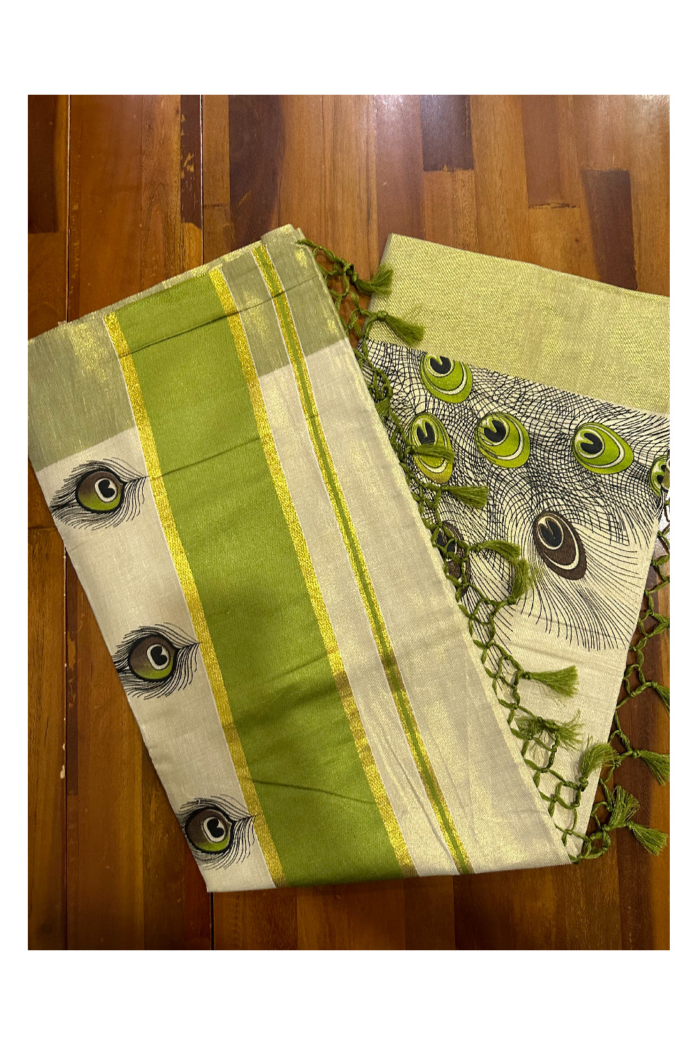 Kerala Tissue Kasavu Saree with Feather Block Prints and Light Green Border (Onam Saree 2023)