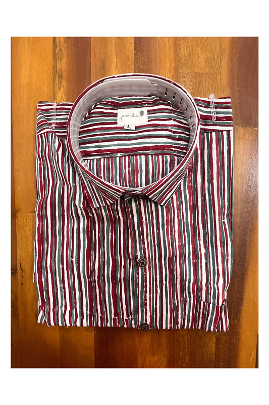 Southloom Jaipur Cotton Maroon Green Hand Block Printed Shirt (Full Sleeves)