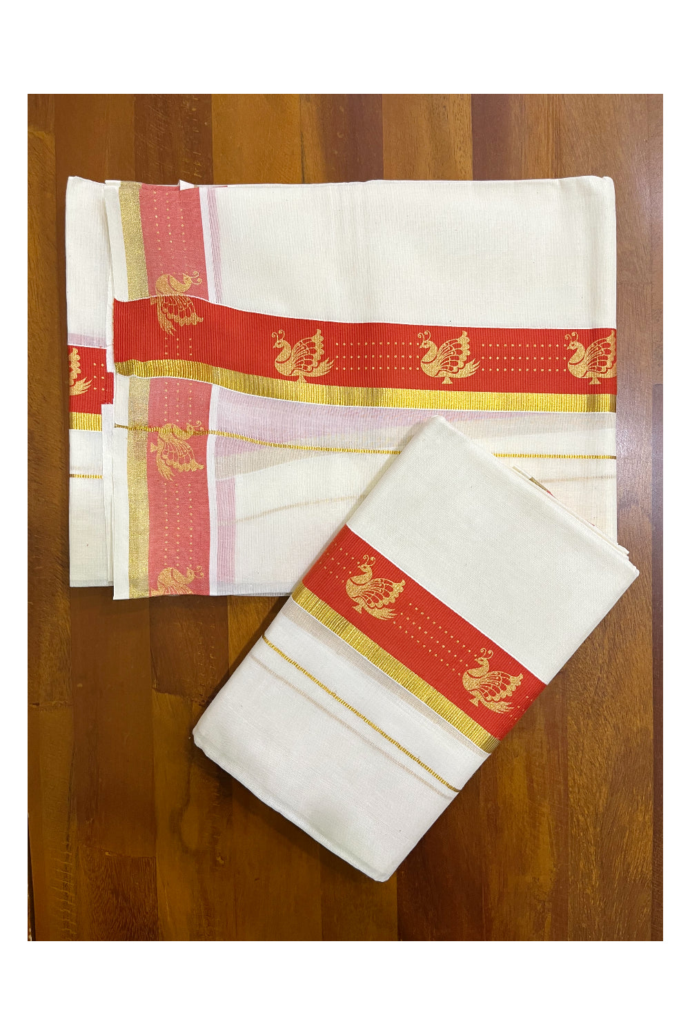 Kerala Pure Cotton Single Set Mundu (Mundum Neriyathum) with Block Prints on Orange and Kasav Border