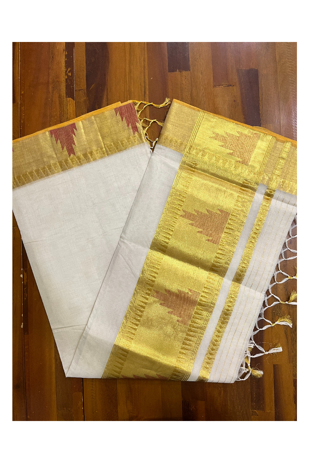 Southloom Super Premium Balaramapuram Unakkupaavu Handloom Kasavu Saree with Red Temple Handwoven Works