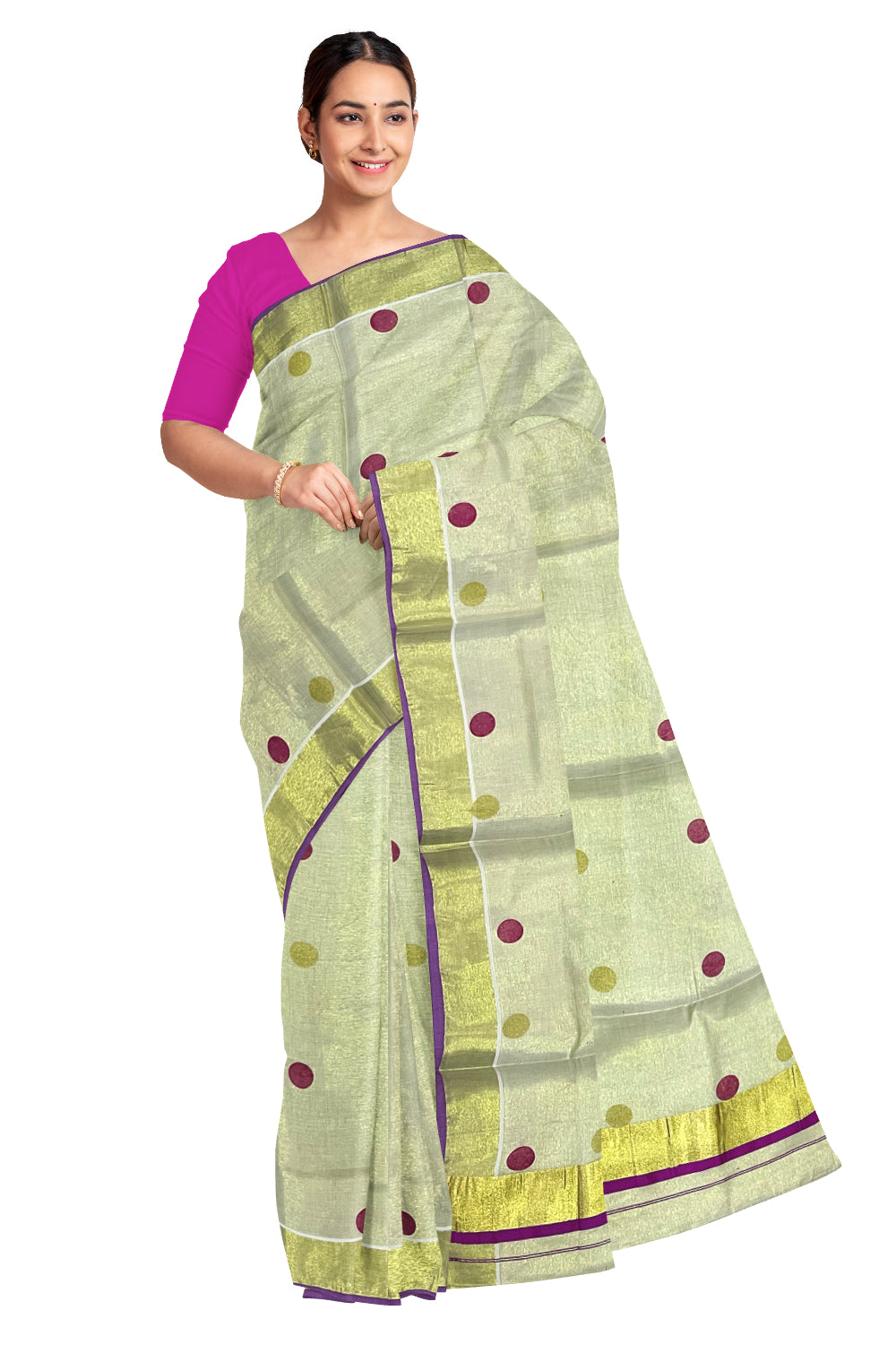 Kerala Tissue Kasavu Saree with Magenta and Golden Polka Prints and Tassels Works