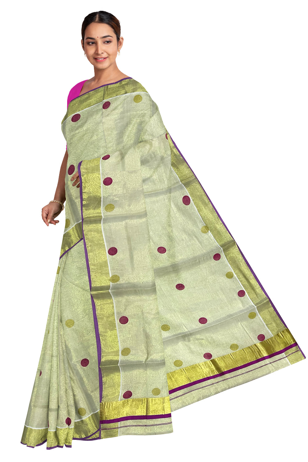 Kerala Tissue Kasavu Saree with Magenta and Golden Polka Prints and Tassels Works