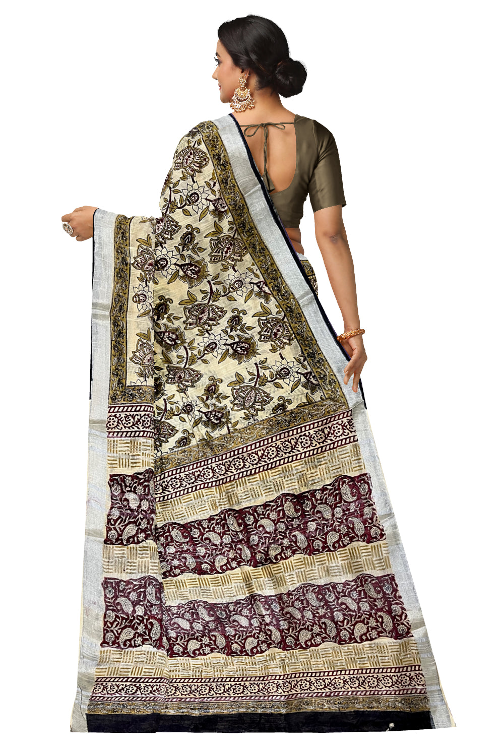 Southloom Linen Light Brown Designer Saree with Floral Prints