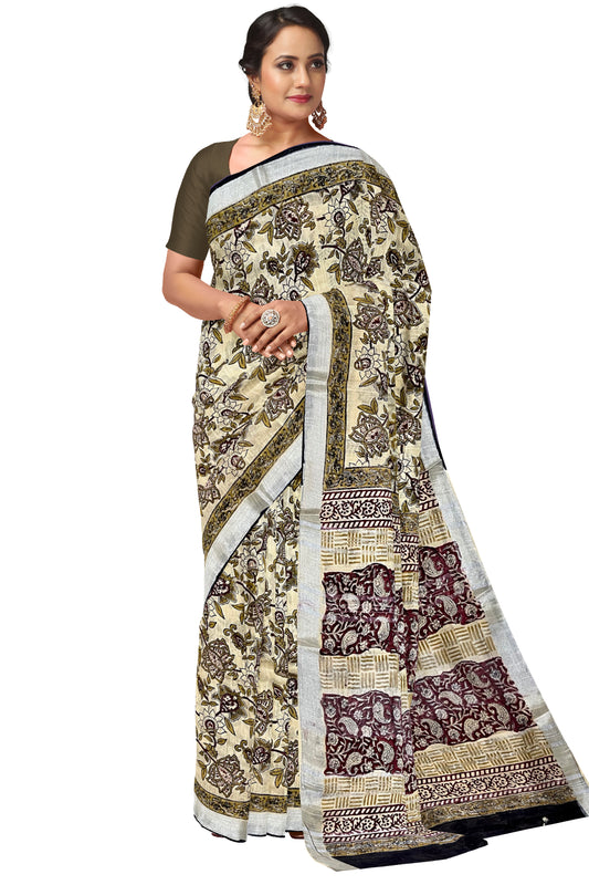 Southloom Linen Light Brown Designer Saree with Floral Prints