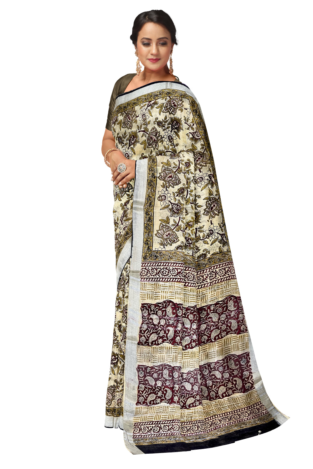 Southloom Linen Light Brown Designer Saree with Floral Prints