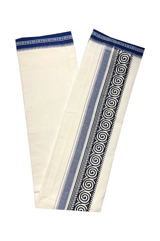 Southloom White with Blue Printed Single Mundu / Otta Mundu / Lungi (South Indian Kerala Dhoti)