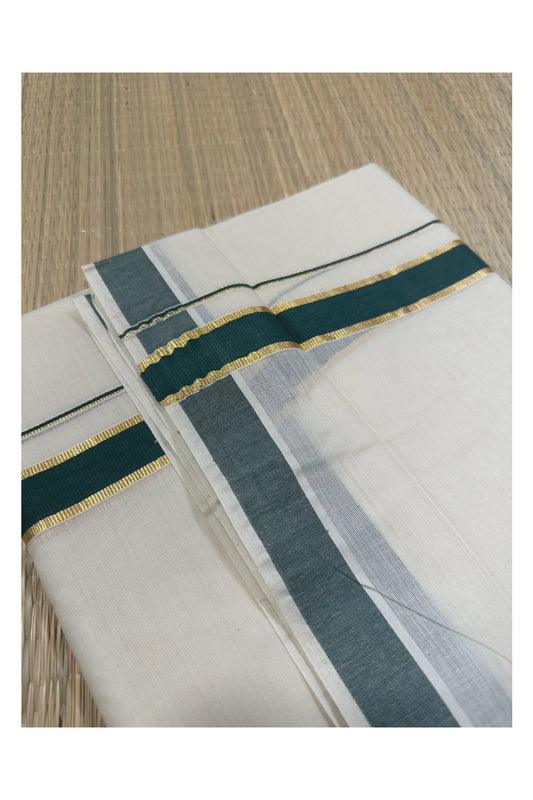 Off White Kerala Double Mundu with Kasavu and Green Kara (South Indian Kerala Dhoti)