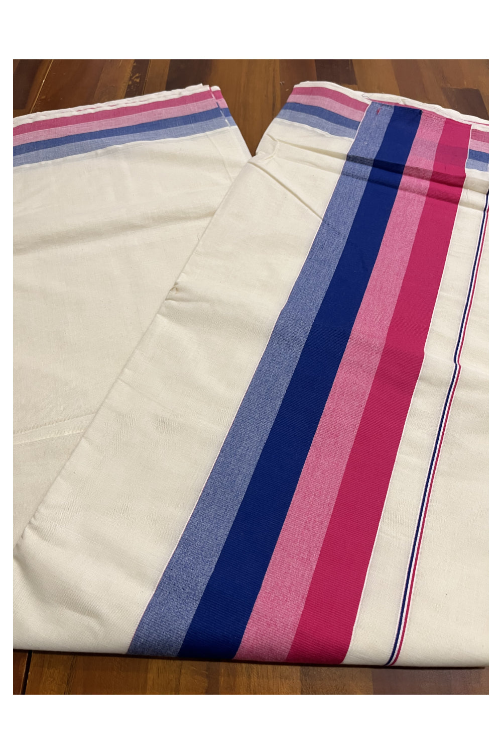 Pure Cotton Kerala Plain Saree with Pink Blue Border (Onam 2024 Collection)