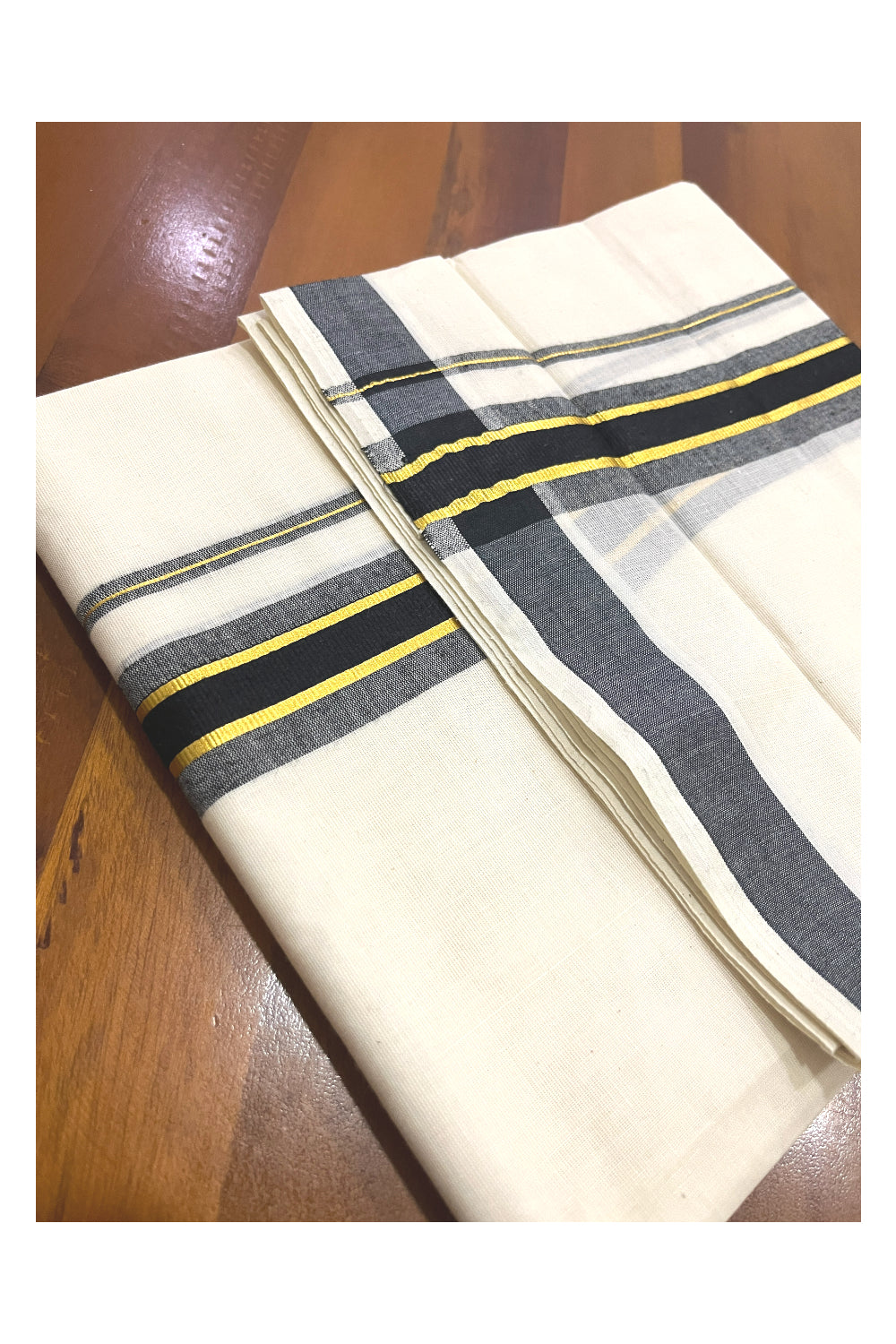 Off White Kerala Double Mundu with Black Kasavu Kara (South Indian Kerala Dhoti)