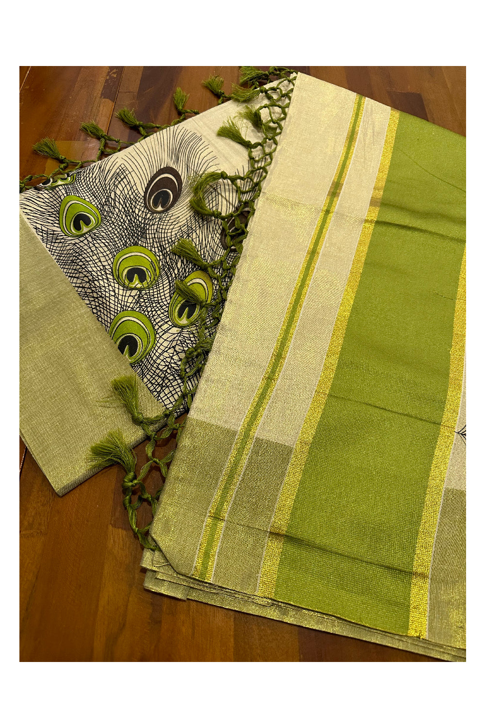 Kerala Tissue Kasavu Saree with Feather Block Prints and Light Green Border (Onam Saree 2023)